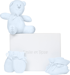 Emile et Rose Blue Kelsey knitted mitt bootie and toy set