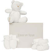 Emile et Rose White Kelsey knitted mitt bootie and toy set