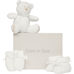 Emile et Rose White Kelsey knitted mitt bootie and toy set