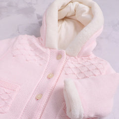 Emile et Rose Kitty Girls Pink Knitted Hooded Jacket With Fur Trim