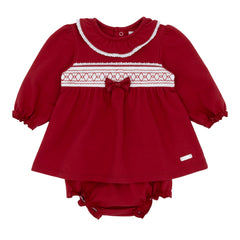 Amore AM0007 Girls Red Smocked Dress and Knicker Set