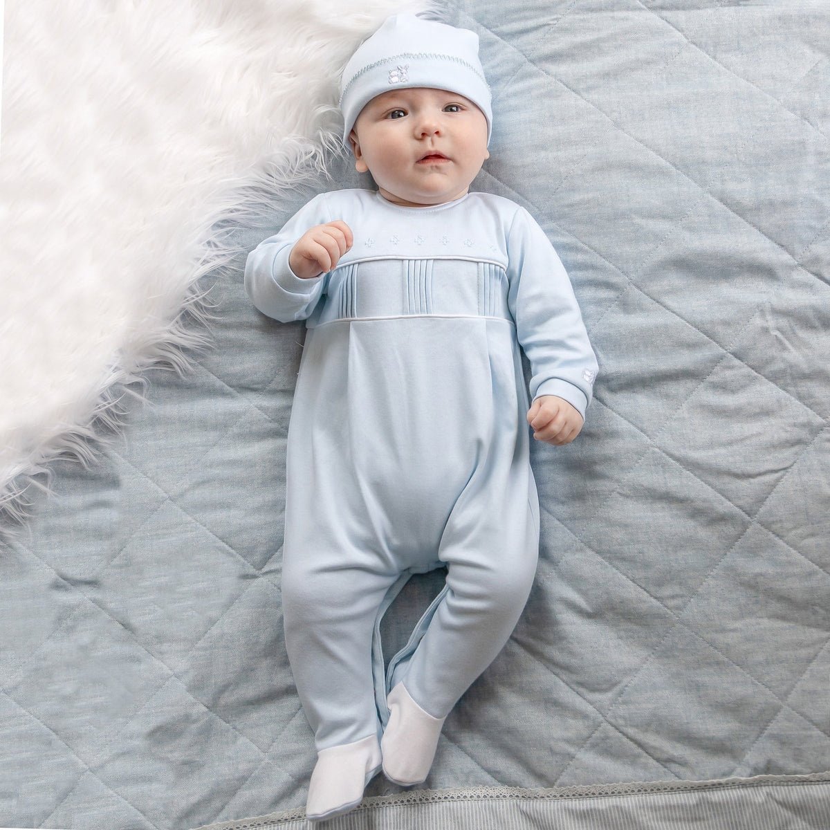 Emile et Rose Miller Boys Blue Pleated Babygrow and Hat