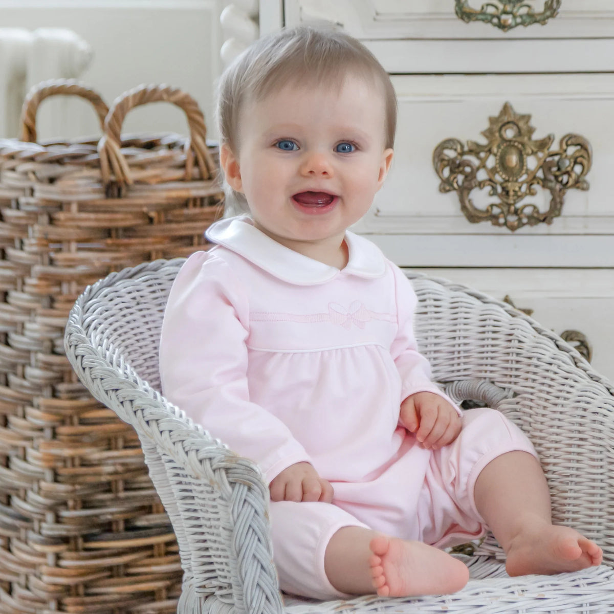 Emile et Rose Marie Girls Pink Embroidered Bow Babygrow