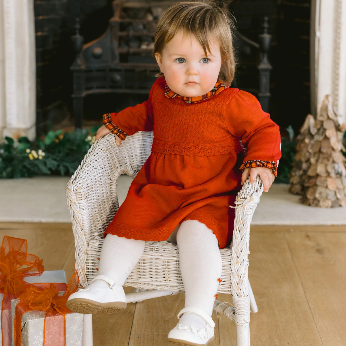 Emile et Rose Kesia Girls Red Tartan Detail Knitted Dress with Tights